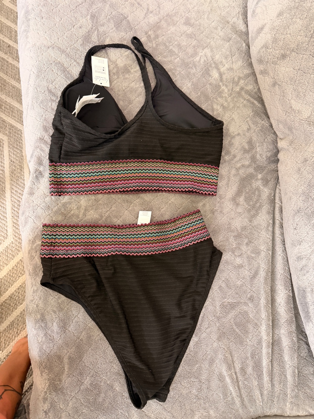 Cupshe Black Two-Piece Swim Set with Multicolor Chevron Trim